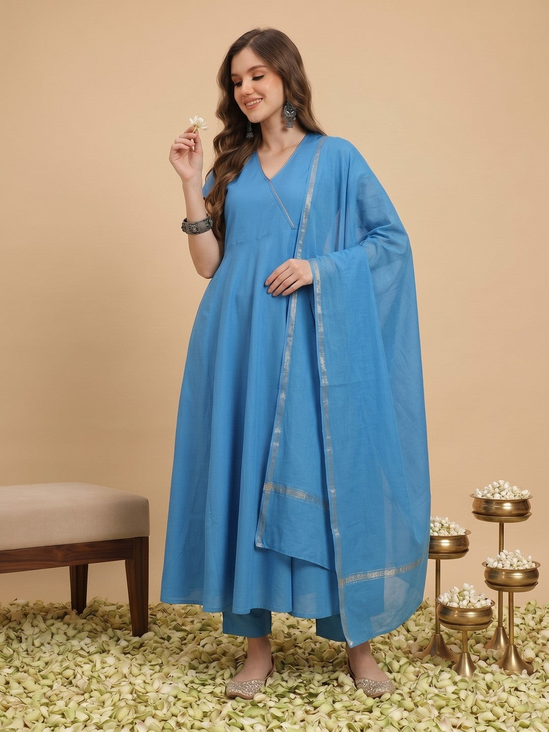 V-Neck Angrakha A-Line Kurta Set with Tulip Sleeves