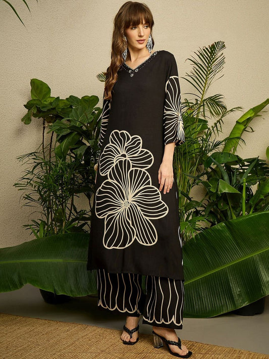 Women Floral Printed Thread Work Kurta with Palazzos