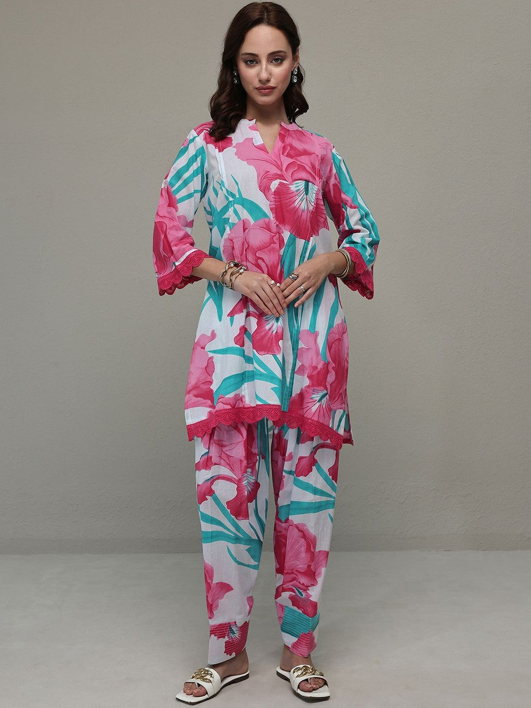 White Floral Printed Cotton Straight Kurta Set