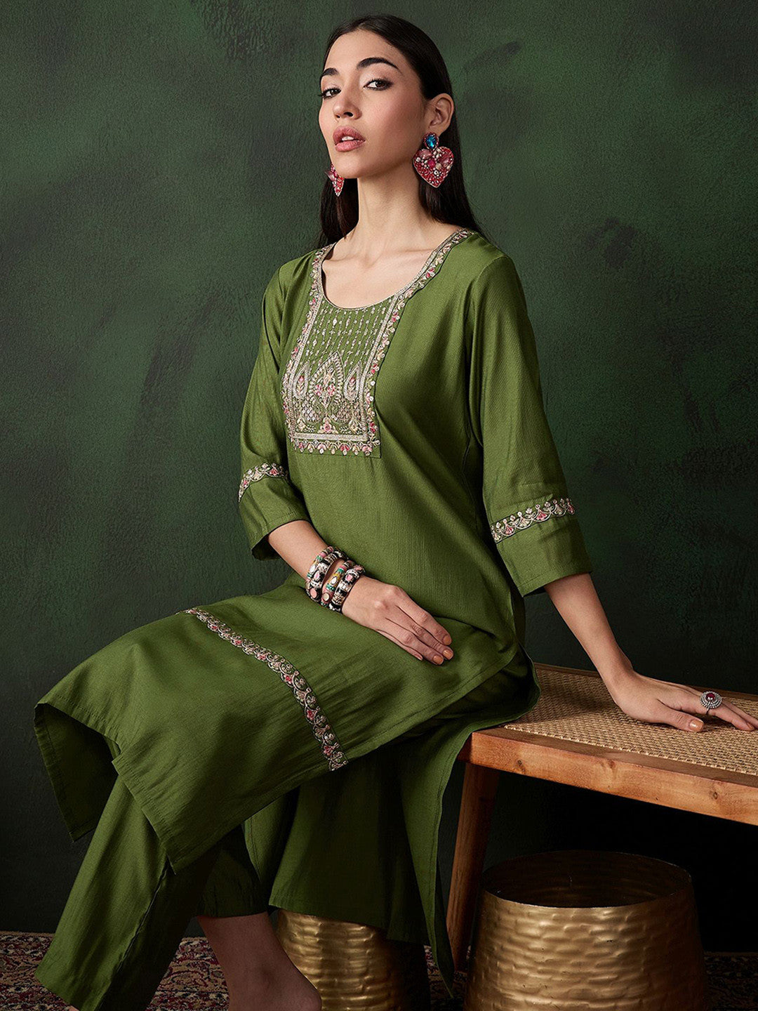 Floral Yoke Design Round Neck Sequinned Pure Silk Straight Kurta With Trousers