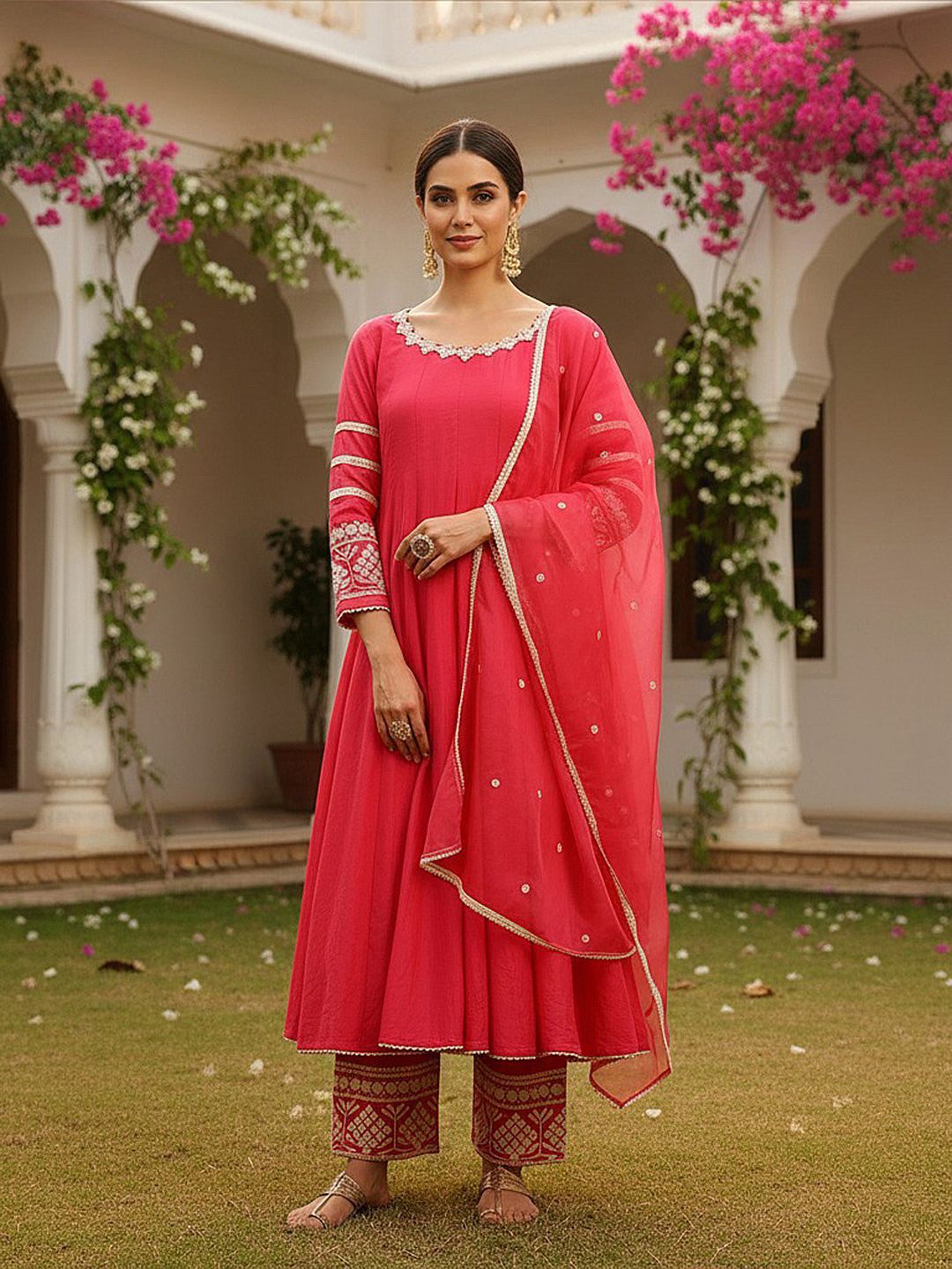 Dhiyona KL Ethnic Motifs Embroidered Regular Thread Work Kurta with Palazzos & Dupatta