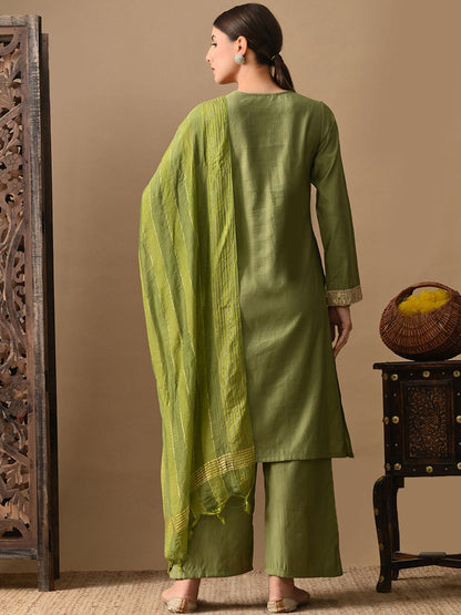 Embroidered Round Neck Long Sleeves Straight Kurta & Trousers With Dupatta