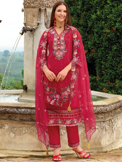 Floral Embroidered Regular Sequinned Kurta With Trousers & Dupatta