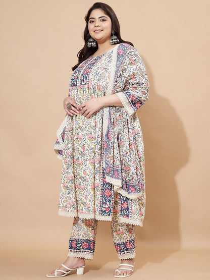 Dhiyona KL Women Floral Printed Regular Pure Cotton Kurta with Trousers & Dupatta