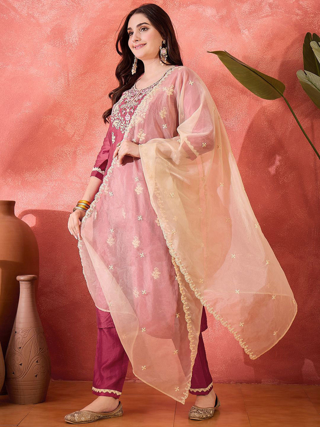 Women Embroidered Straight Kurta & Trousers With Dupatta