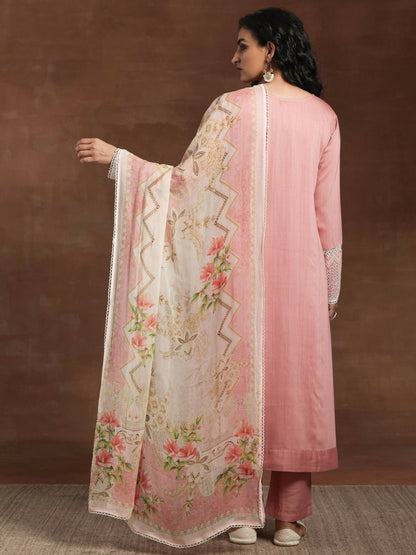 Women's LB Pink Embroidered Silk Blend Straight Suit With Dupatta