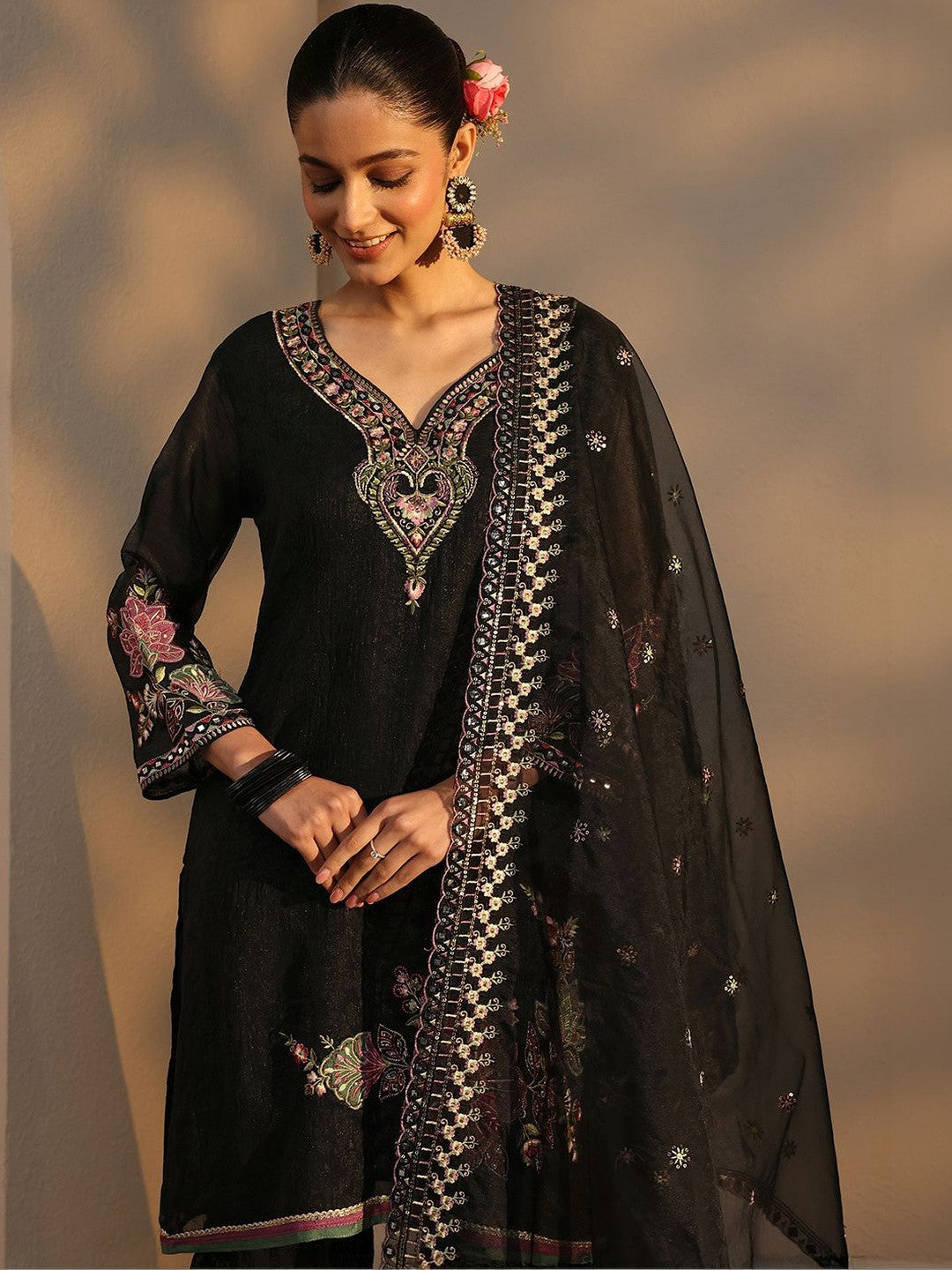 Women Embroidered Regular Silk Chiffon Kurta with Sharara & With Dupatta