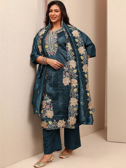 Dhiyona Women's Floral Embroidered Regular Thread Work Kurta with Trousers & With Dupatta