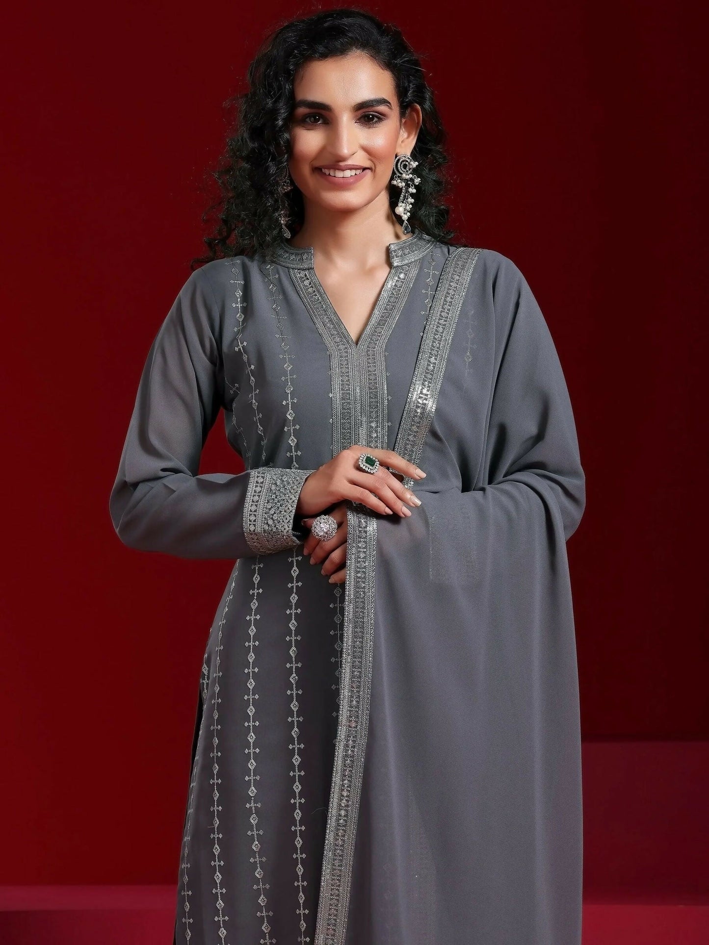 Women's LB Grey Embroidered Georgette Straight Suit With Dupatta