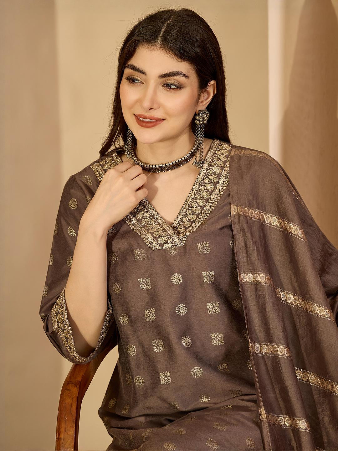 Women Brown Pure Silk Kurta Sets