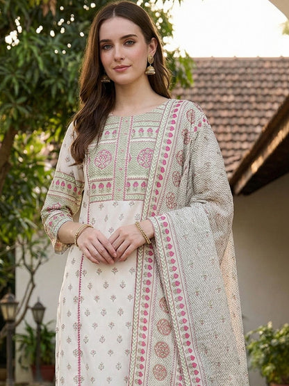 Women Ethnic Motifs Printed Regular Pure Cotton Kurta with Trousers & With Dupatta