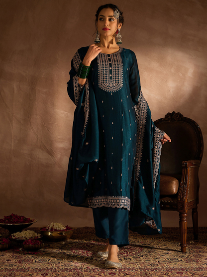 Women's Teal Embroidered Straight Kurta Trousers With Dupatta set