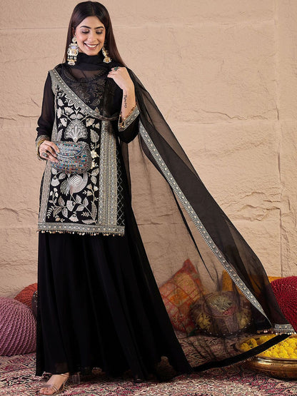 Dhiyona IN Women Embroidered Kurta with Sharara & Dupatta