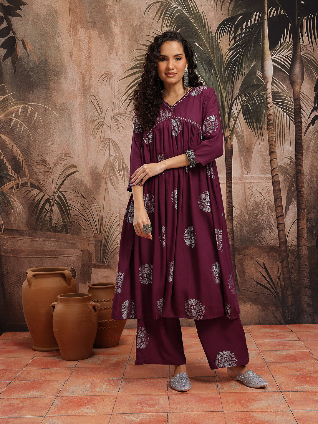 Floral Printed Empire Anarkali Kurta with Trousers