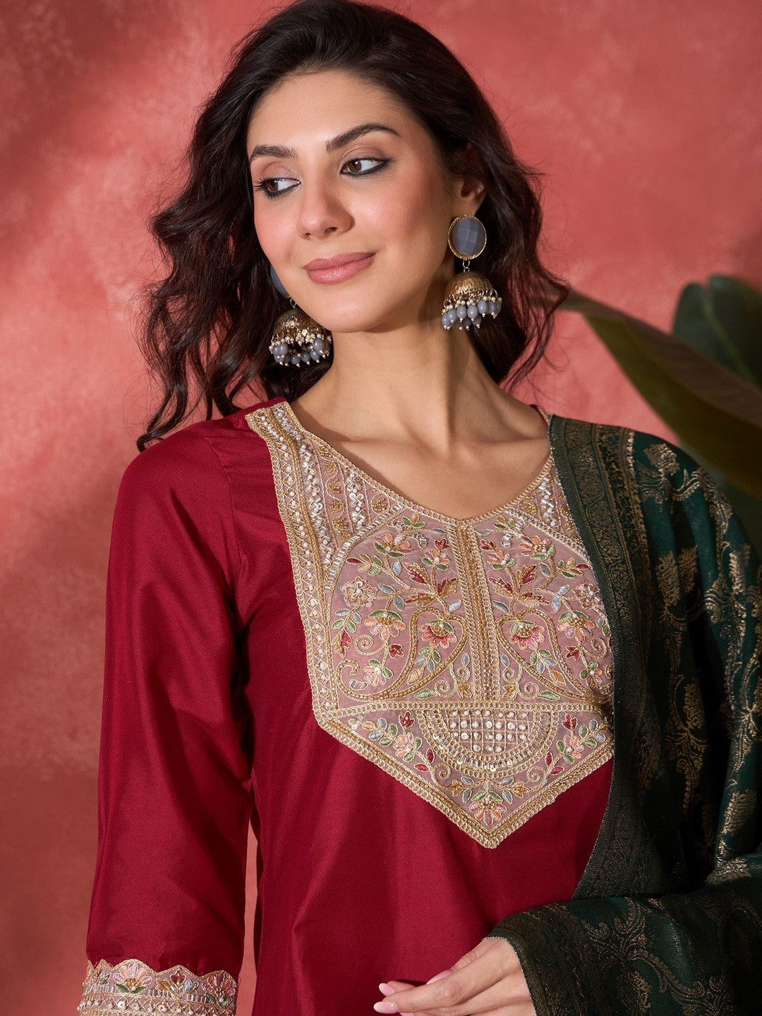 Floral Embroidered V-Neck Sequinned Kurta With Palazzos & Dupatta