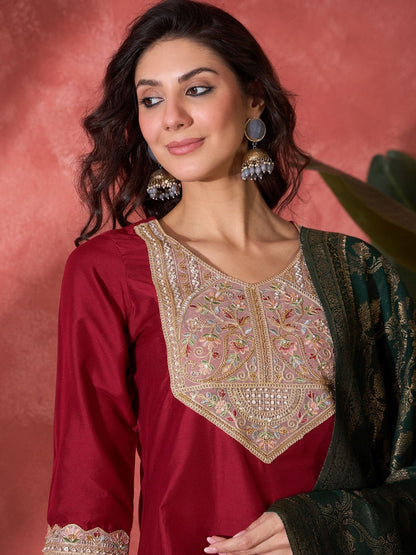 Floral Embroidered V-Neck Sequinned Kurta With Palazzos & Dupatta