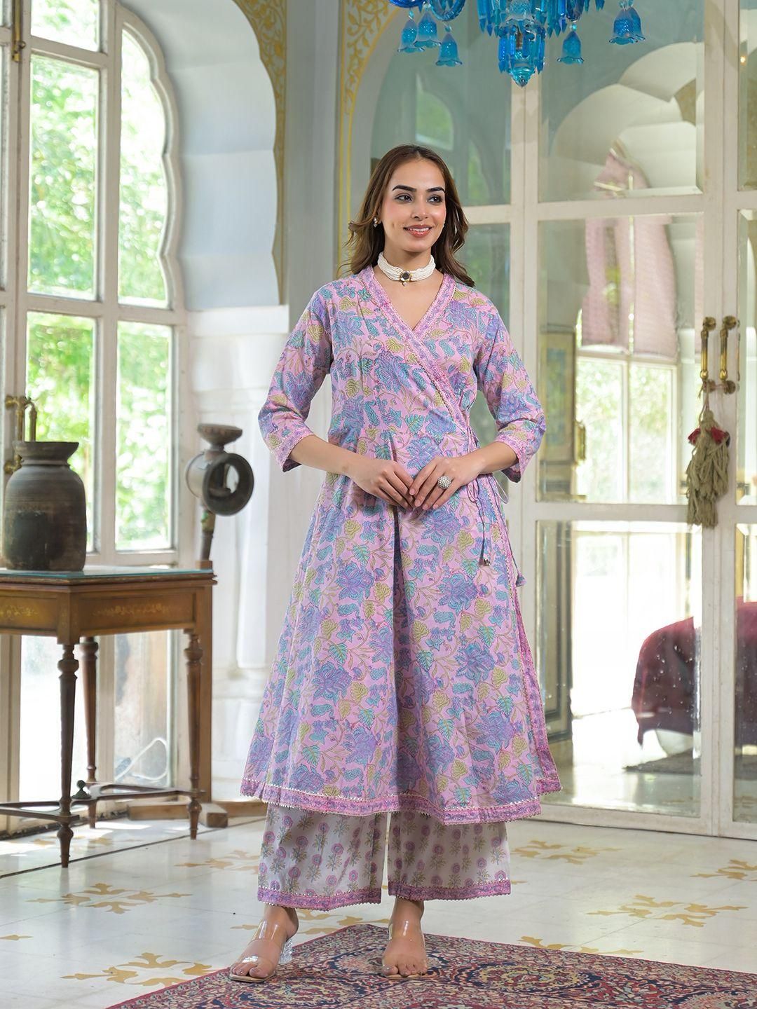 Dhiyona KL Women Floral Printed Angrakha Gotta Patti Pure Cotton Kurta with Palazzos & With Dupatta