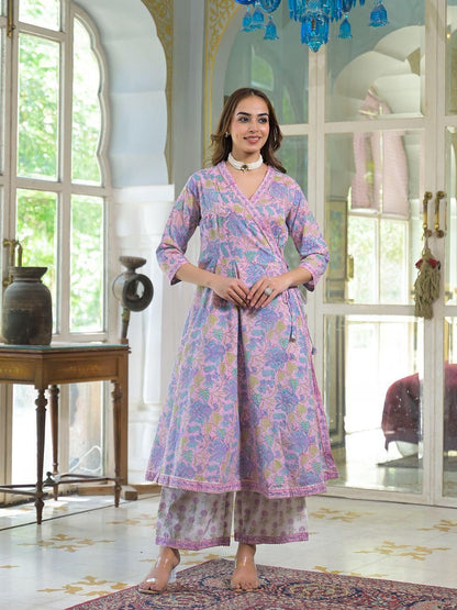 Dhiyona KL Women Floral Printed Angrakha Gotta Patti Pure Cotton Kurta with Palazzos & With Dupatta