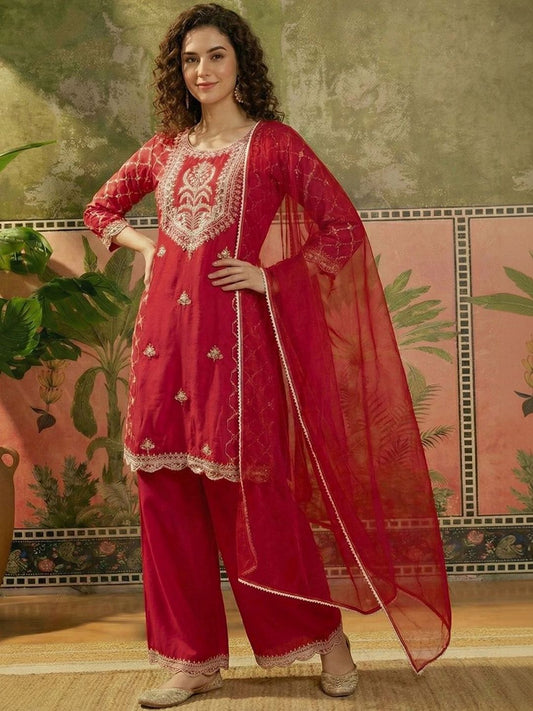Dhiyona SN Embroidered Round Neck Straight Kurta & Palazzos With Dupatta