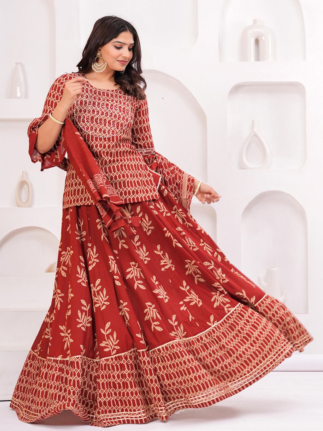 Dhiyona KL Women Ethnic Motifs Printed Cotton A-Line Kurti with Skirt & Dupatta