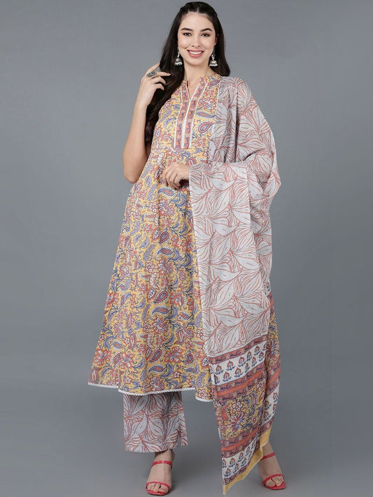 Dhiyona KL Women Ethnic Motifs Printed Regular Pure Cotton Kurta with Trousers & With Dupatta