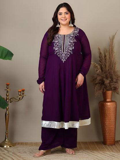Dhiyona IN Women Plus Size Yoke Design Regular Thread Work Kurta with Palazzos & Dupatta