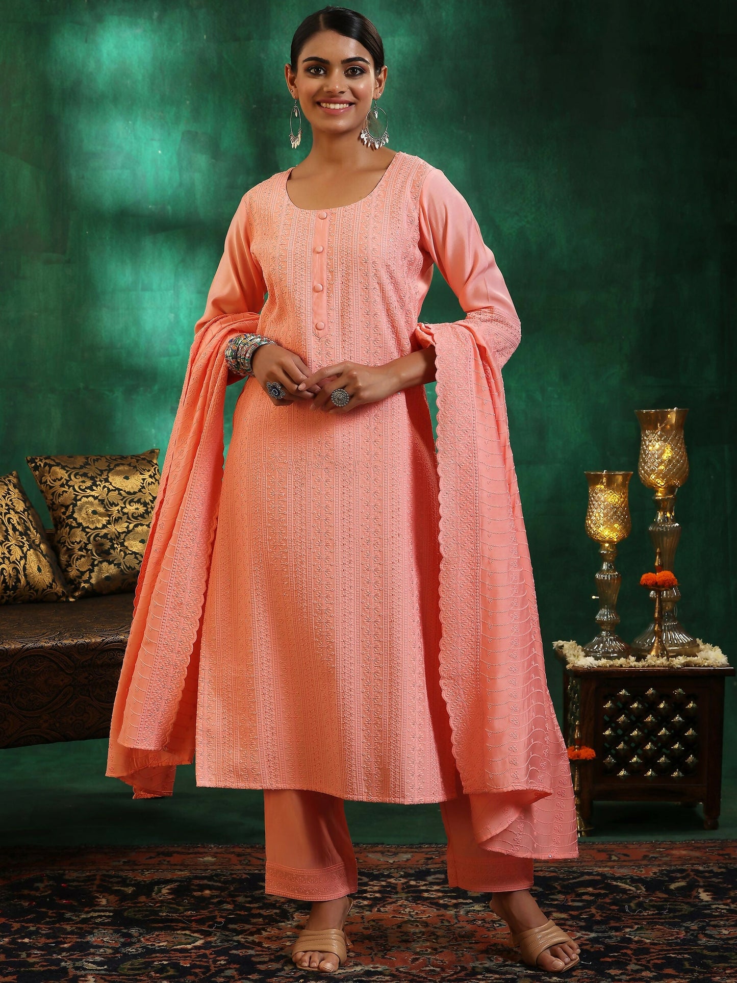 Women's LB Peach Embroidered Silk Blend Straight Suit With Dupatta