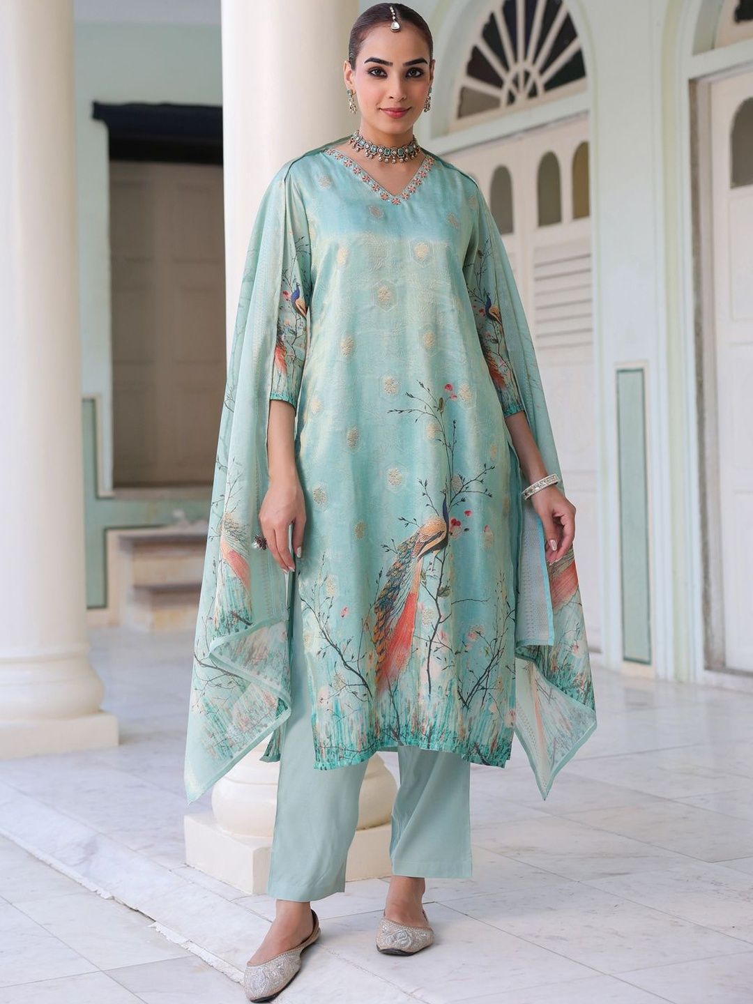 Dhiyona RR Women's Ethnic Motifs Printed Zari Chanderi Cotton Kurta With Trousers & Dupatta