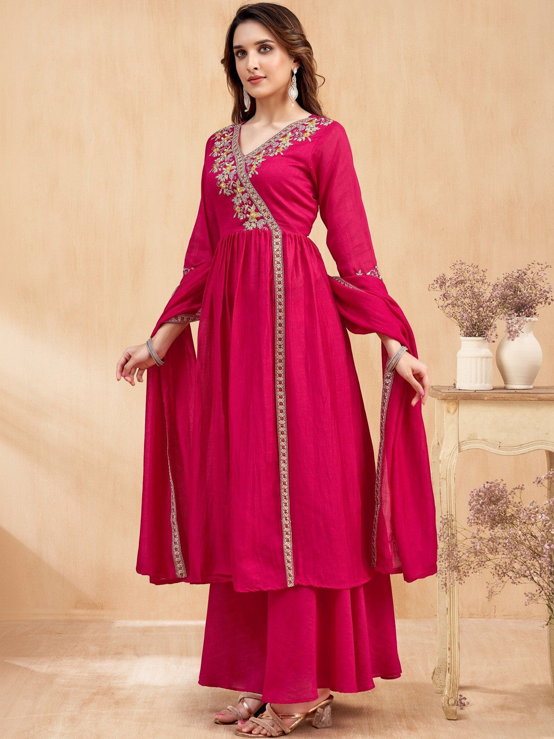 Embroidered V-Neck Kurta Trousers & Dupatta