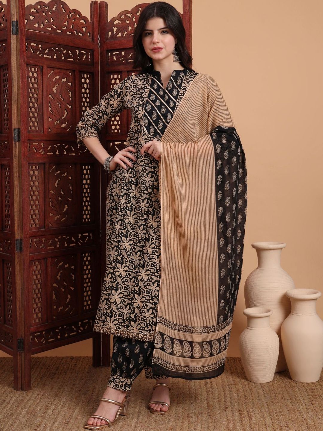 Dhiyona KL Women Ethnic Motifs Printed Regular Pure Cotton Kurta with Dhoti Pants & With Dupatta