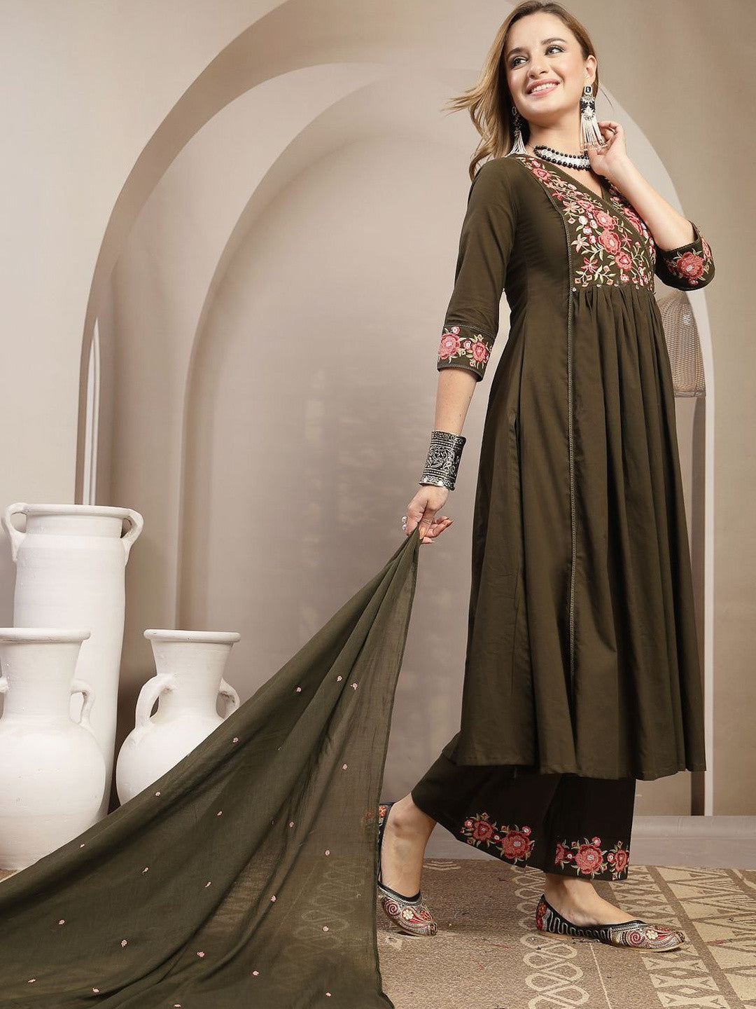 Women Floral Embroidered Angrakha Thread Work Pure Cotton Kurta with Palazzos & With Dupatta