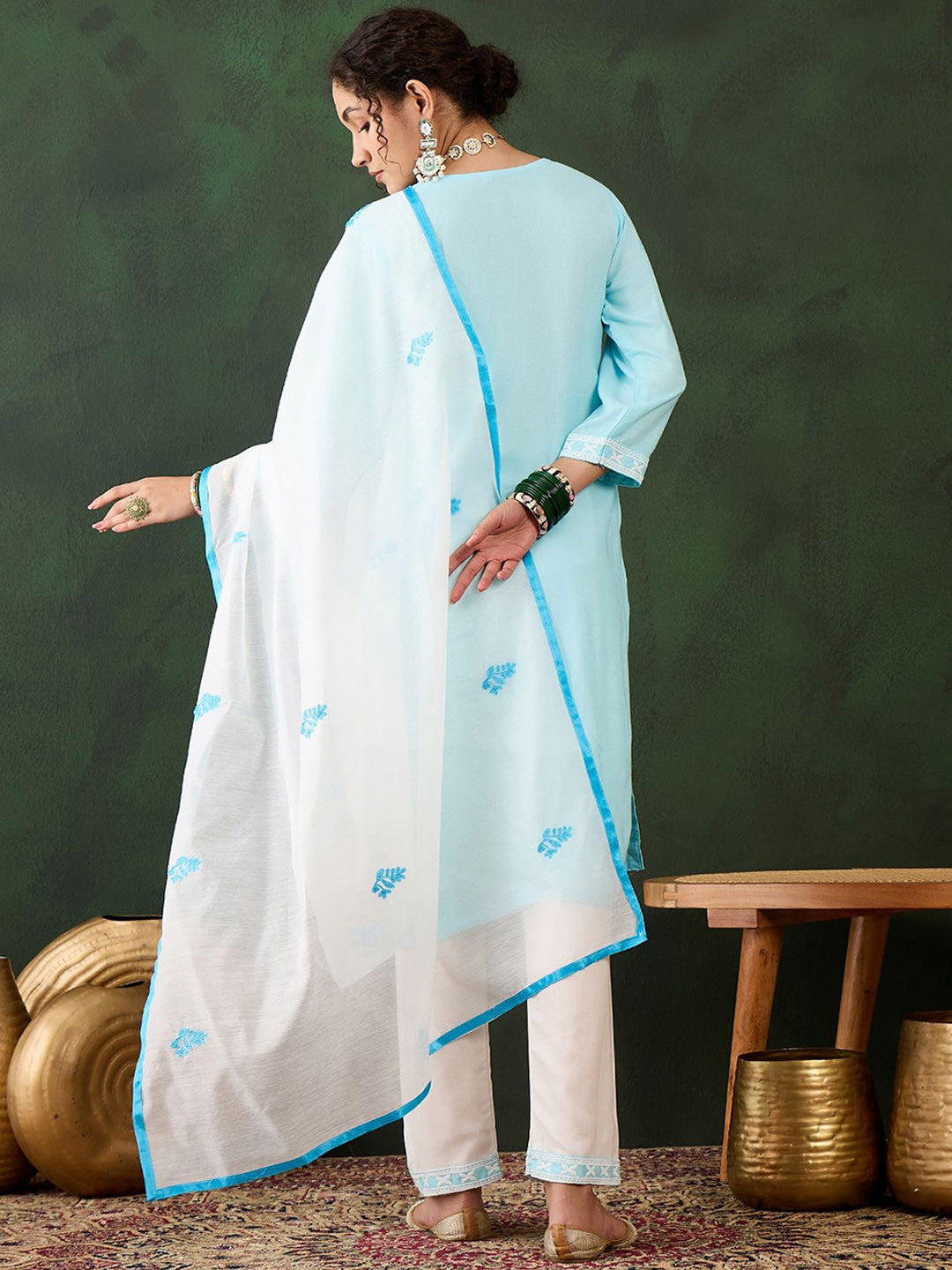 Ethnic Motifs Embroidered Thread Work Pure Cotton Kurta with Trousers & Dupatta