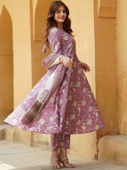 Dhiyona KL Floral Printed Pure Cotton Anarkali Kurta With Trousers & Dupatta
