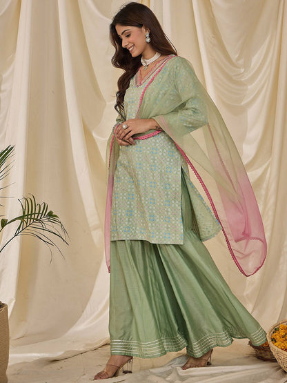 Dhiyona HOP Floral Printed V-Neck Straight Kurta & Sharara With Dupatta