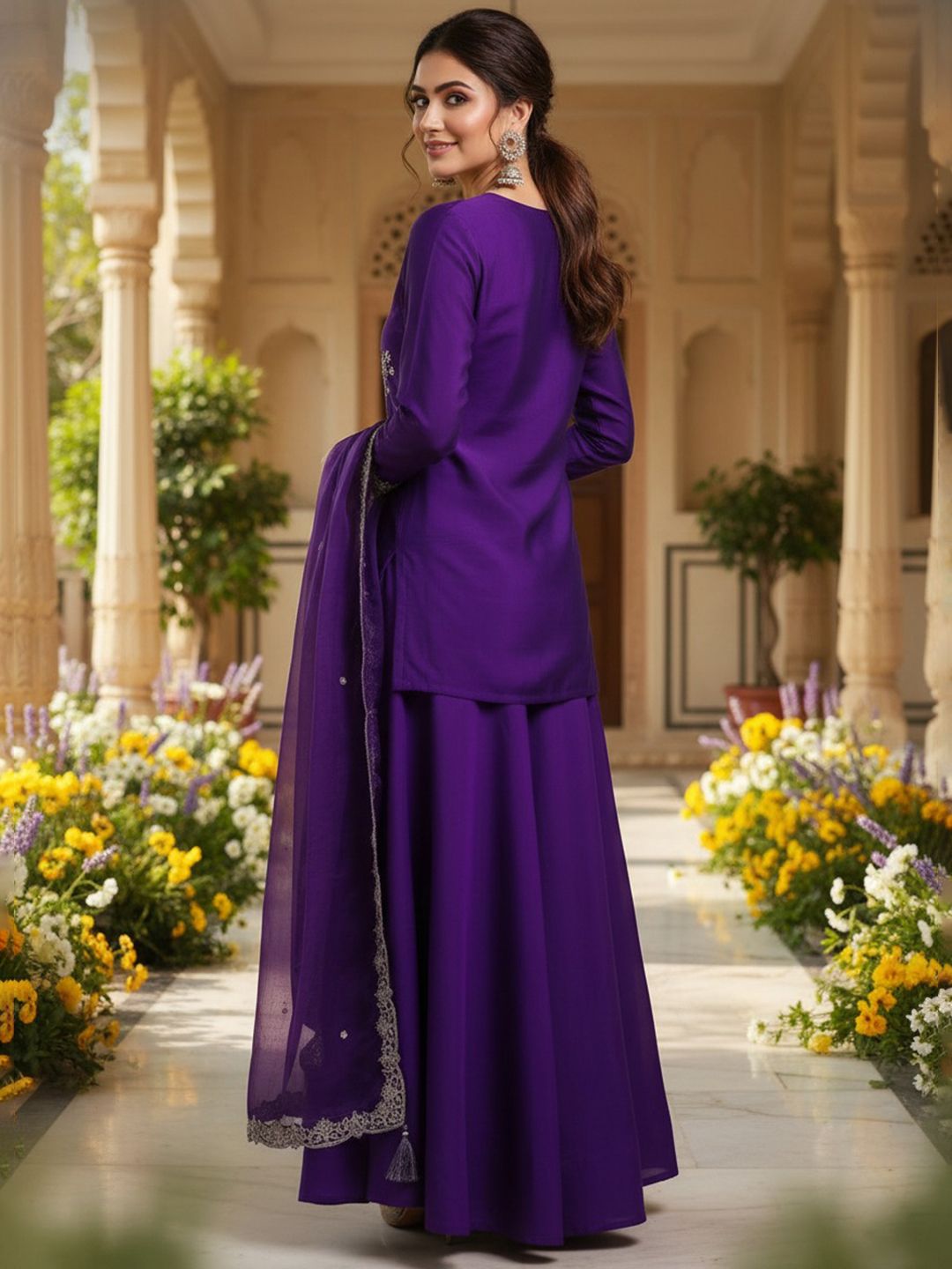 Dhiyona KL Floral Embroidered Regular Sequinned Straight Kurti with Palazzos & Dupatta