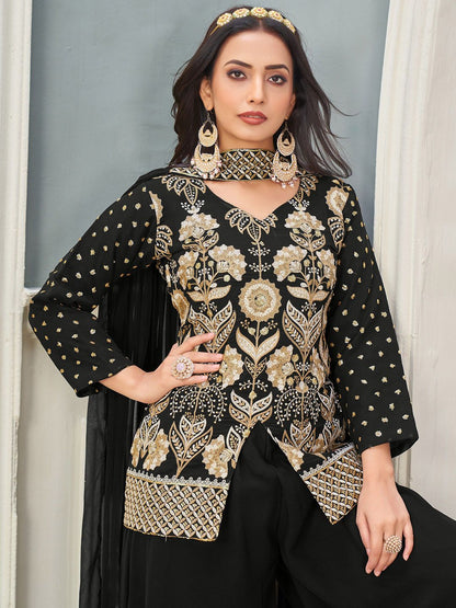 Dhiyona KL Alina Cut Floral Embroidered Sequinned Georgette Straight Kurta With Palazzos & Dupatta
