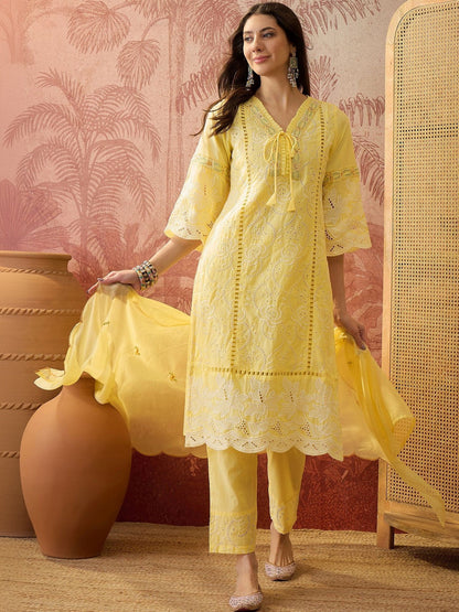 Embroidered Pure Cotton V-Neck Kurta & Trousers Kurta Set