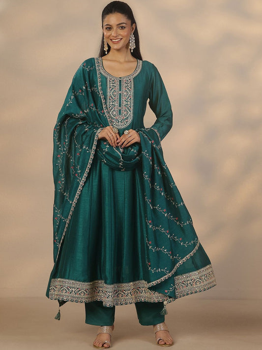 Ethnic Motifs Embroidered Thread Work Anarkali Kurta With Trousers & Dupatta