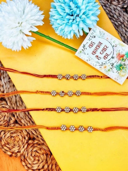 Dhiyona Set Of 4 Artificial Stones Floral Design Thread Rakhi