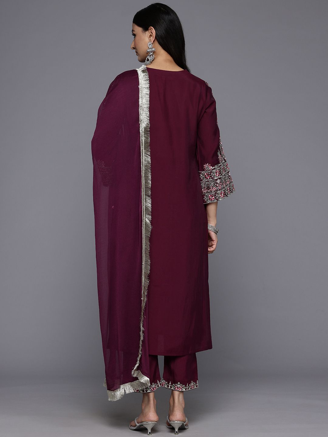 Dhiyona VA Women'sPurple Floral Embroidered Regular Sequinned Kurta With Trouser With Dupatta