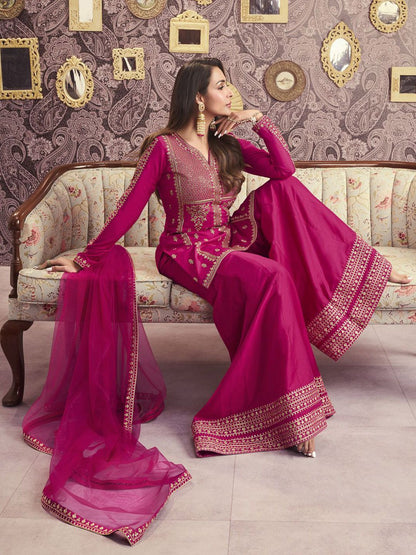 Dhiyona IN Ethnic Motifs Embroidered Notch Neck Sequinned A-Line Kurta With Sharara & Dupatta