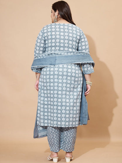 Dhiyona KL Floral Printed Notch-Neck Pure Cotton Kurta With Trousers And Dupatta