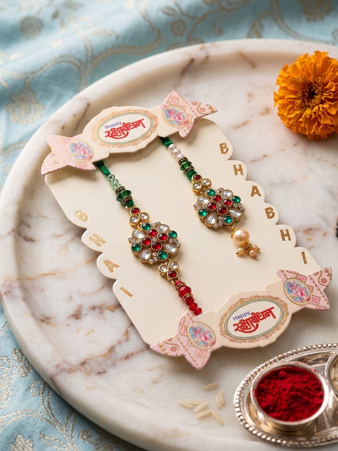 Dhiyona Set Of 2 Floral Design Kundan Studded Bhaiya Bhabhi Rakhi With Roli Chawal Chandan