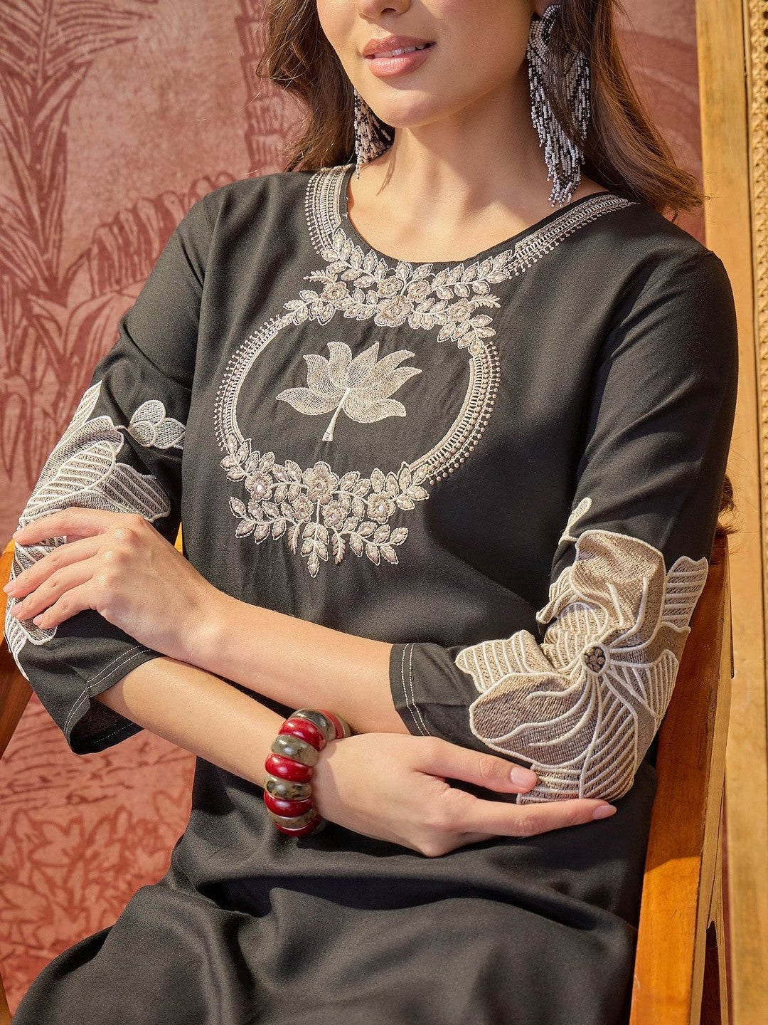 Embroidered Pure Cotton Round Neck Kurta & Trousers With Dupatta