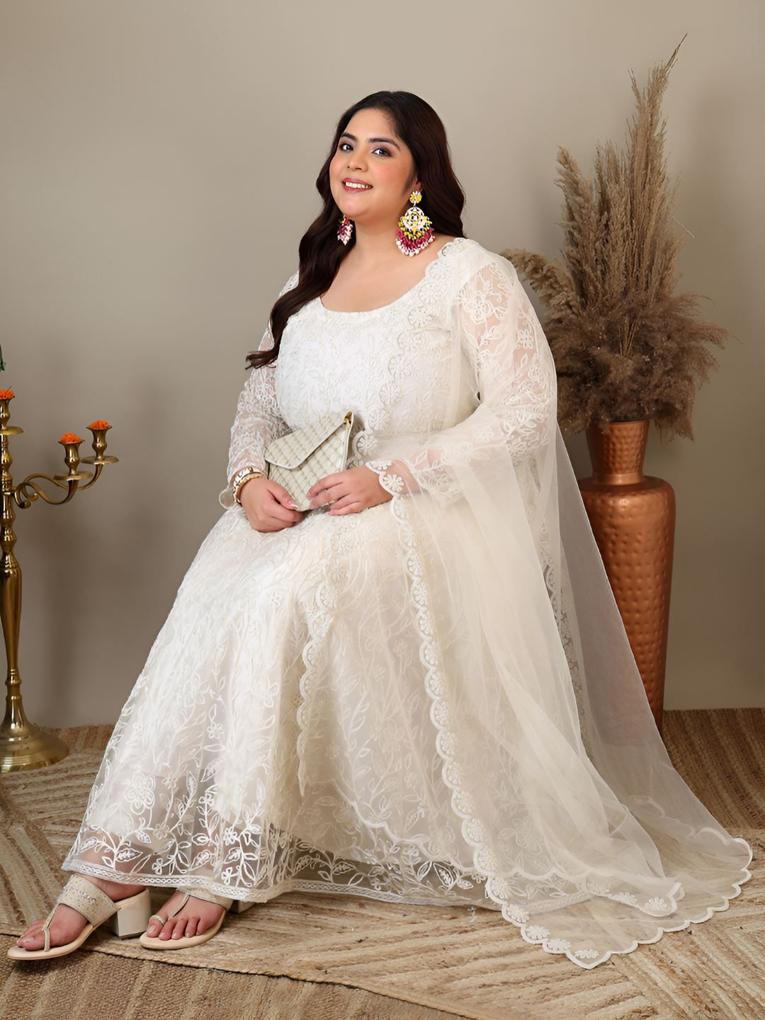 Dhiyona IN Women Floral Embroidered Empire Thread Work Kurta with Trousers & Dupatta