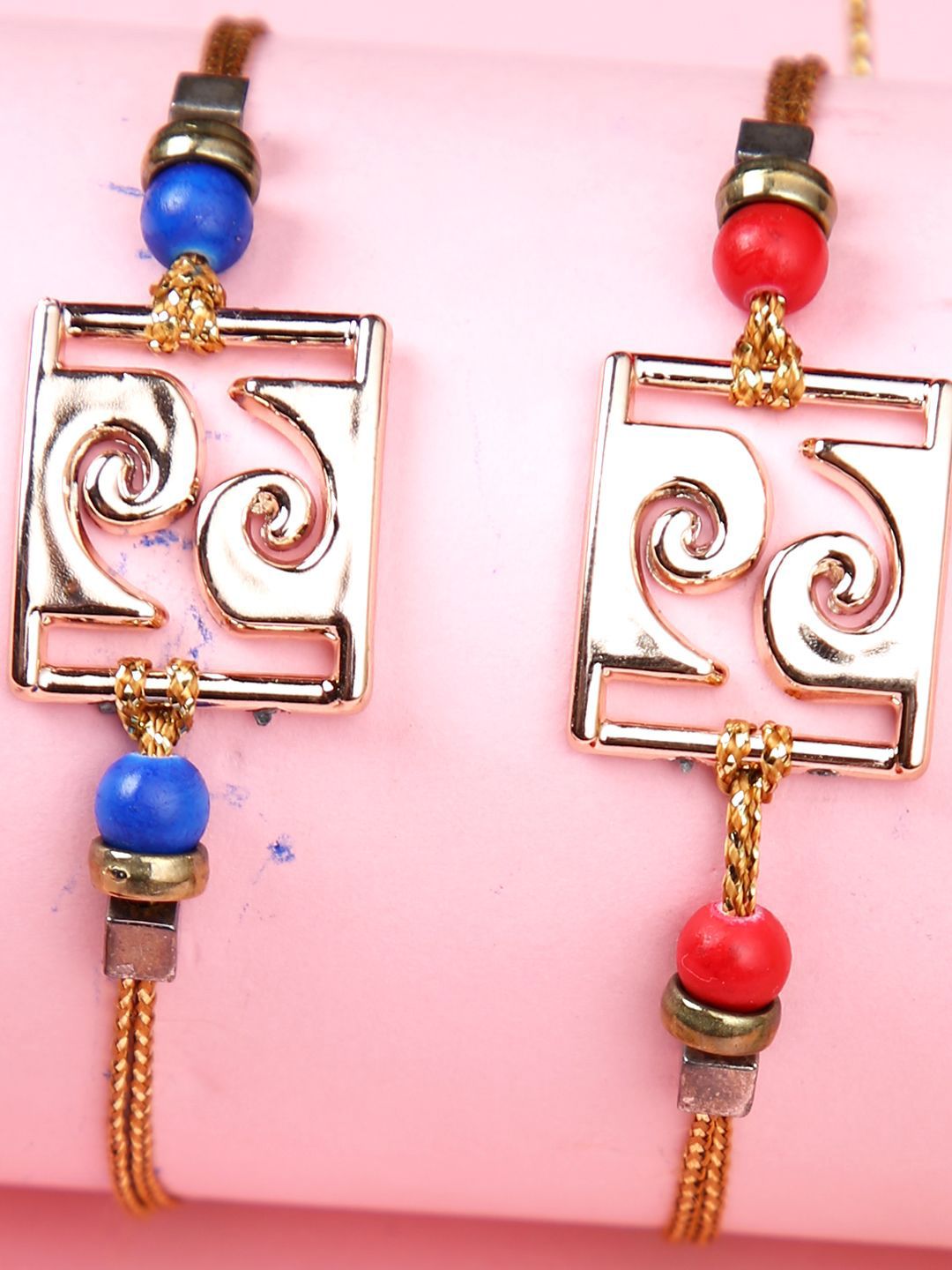 Dhiyona Red Set Of 2 Beaded Square Charm Thread Rakhis With Roli Chawal & Greeting Card