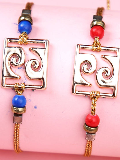 Dhiyona Red Set Of 2 Beaded Square Charm Thread Rakhis With Roli Chawal & Greeting Card