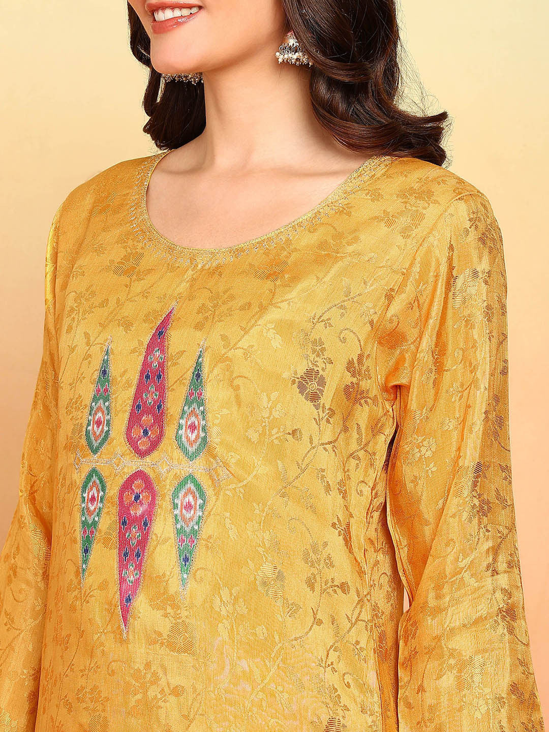 Floral Woven Design Round Neck Tissue Straight Kurta With Trousers & Dupatta