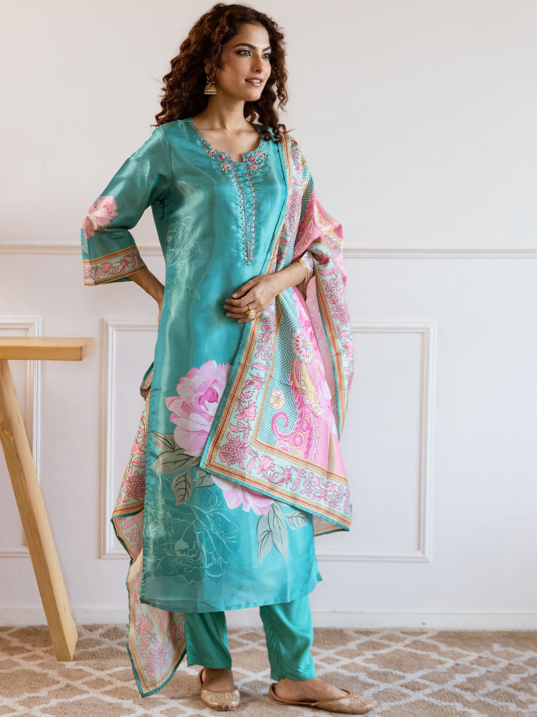 Floral Embroidered Notch Neck Tissue Silk Straight Kurta With Trousers & Dupatta