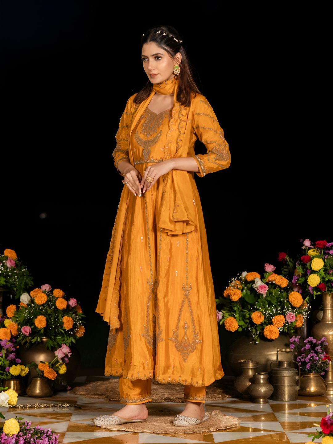 Dhiyona CH Ethnic Motifs Embroidered Zari Anarkali Kurta with Trousers & Dupatta